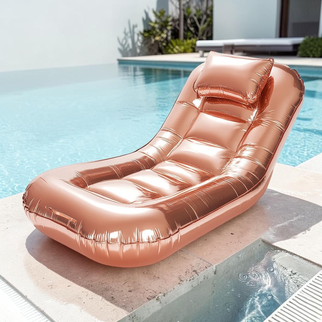 Lyxon Inflatable Pool Lounger - Floating Tanning Bed with Ergonomic Headrest - Metallic Rose Gold - Luxury Summer Tanning Float for Adults