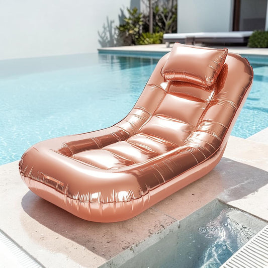 Lyxon Inflatable Pool Lounger - Floating Tanning Bed with Ergonomic Headrest - Metallic Rose Gold - Luxury Summer Tanning Float for Adults