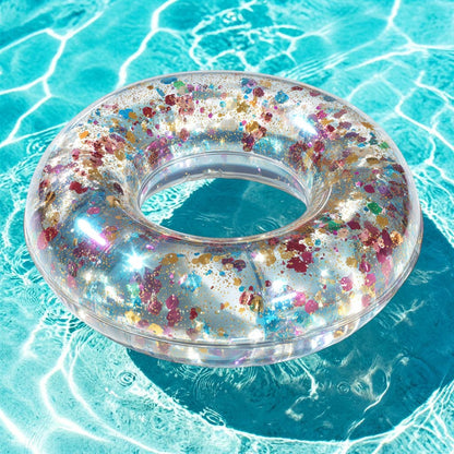 Lyxon Clear Pool Float - Sparkly Confetti Inflatable Swimming Ring for Adults and Kids - Heavy Duty PVC - Summer Pool Party Supplies