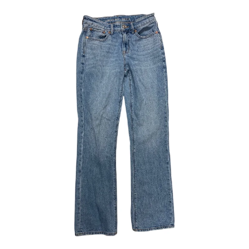 Dark wash jeans with whiskering and fading at the thighsJeans Straight By American Eagle In Blue Denim, Size:2