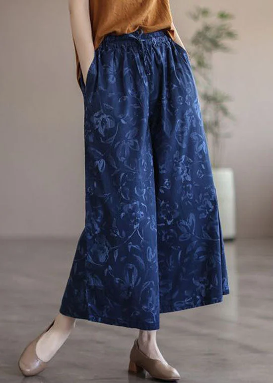 Autumn-inspired women's skirtsBoutique Navy Print Pockets Patchwork Cotton Wide Leg Pants Summer