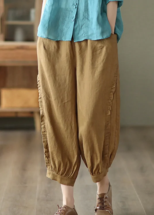 Easy-care women's pantsBrown Ruffled Elastic Waist Cozy Crop Pants