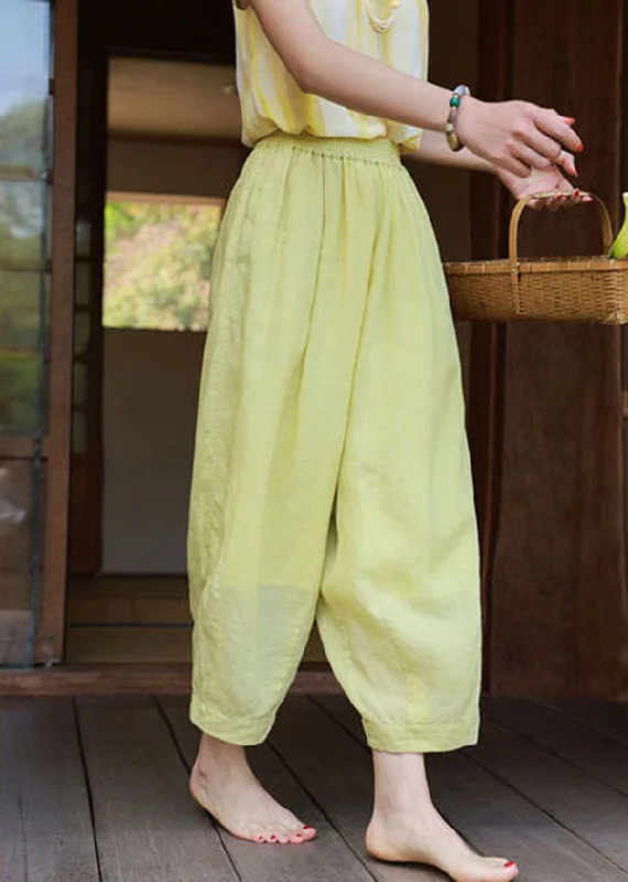 Leather women's pantsArt Light Green Elastic Waist Oversized Pockets Linen Harem Pants Summer