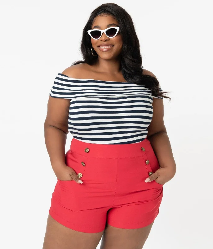 Mom jeans for womenUnique Vintage Plus Size 1940s Style Red High Waist Sailor Debbie Shorts