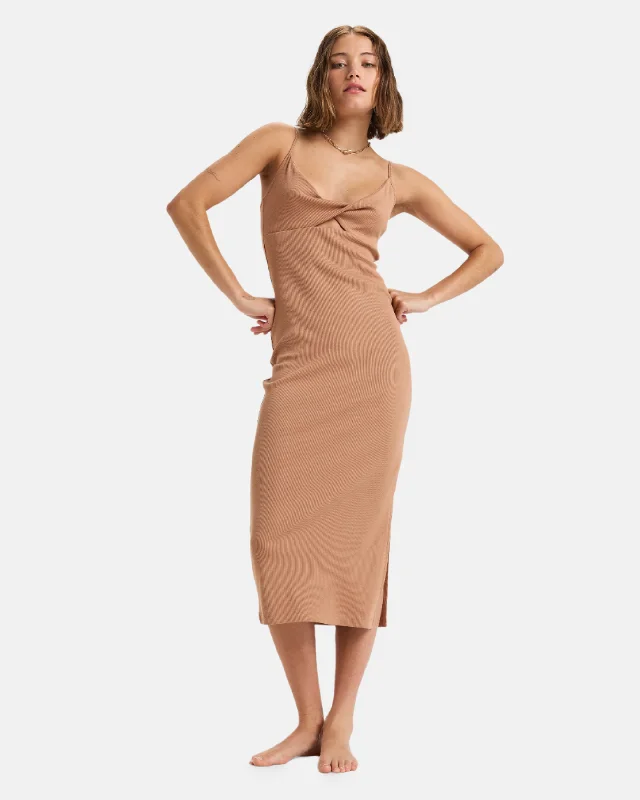 Satin dresses for womenWavey Lady Midi Dress - Camel