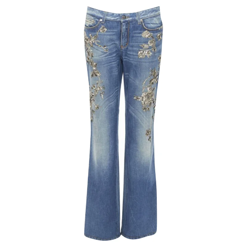 Stretch denim jeans with a fitted waist and loose legsRoberto Cavalli silver bead crystal floral embellished boot cut Jeans