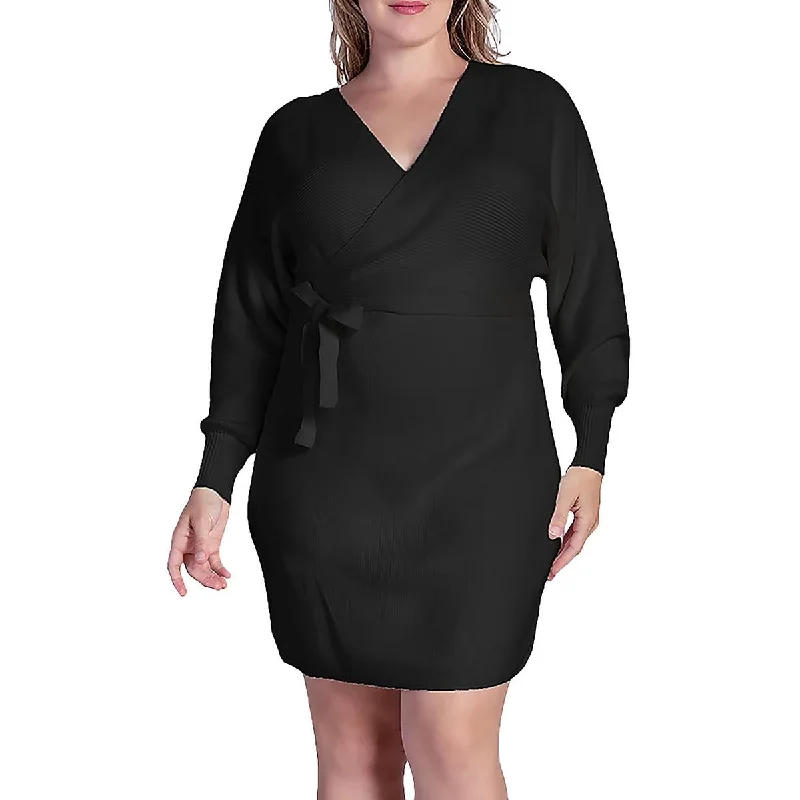 Batwing sleeve dresses for womenPlus Womens Belted Mini Sweaterdress