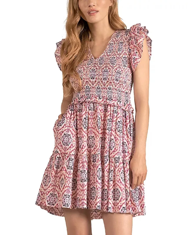 High-low hem dresses for womenRuffle Sleeve Smocked Mini Dress In Lavender Ikat