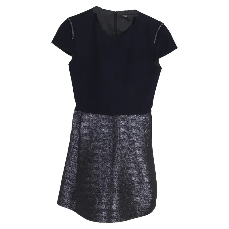 Day dresses for everyday wearMaje Mini Two-Tone Short Sleeve Dress in Navy Blue and Silver Polyester