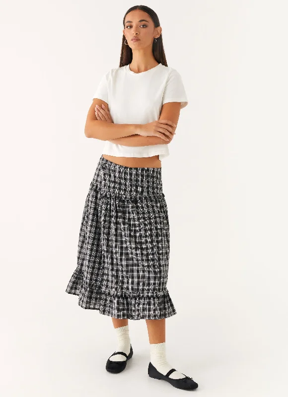 Godet skirts for womenLaura Midi Skirt - White Black Check