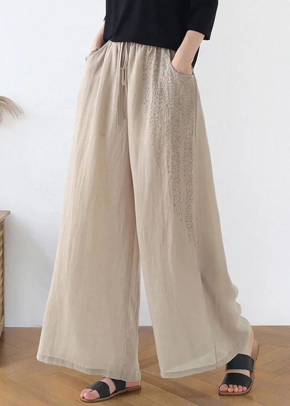 Breathable women's skirtsBohemian Apricot Embroideried Pockets Linen Wide Leg Pants Fall