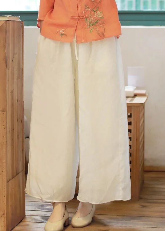 Cotton women's leggingsBohemian White elastic waist drawstring Pockets Linen wide leg Pants Spring