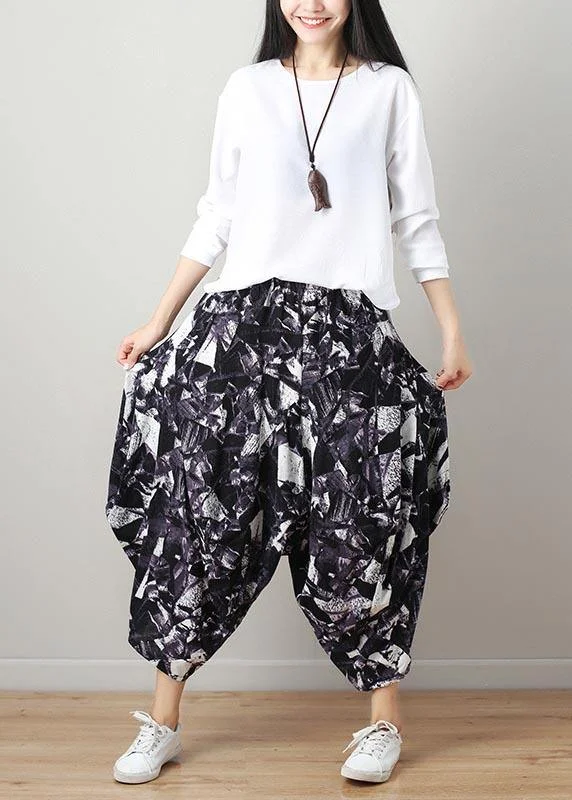 Sustainable women's bottomsArt Black White Print Wide Leg Cotton Linen Pants Summer