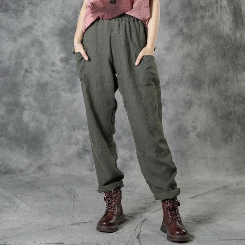 Water-resistant women's shortsArmy Green Pockets Patchwork Fall Straight Linen Pants