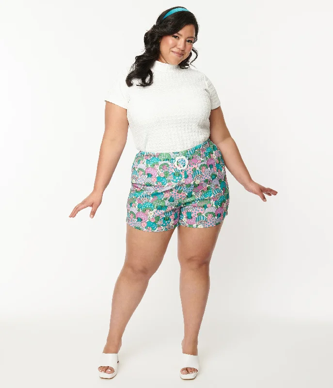 Professional women's trousersSmak Parlour Plus Size Teal Groovy Mushrooms Shorts