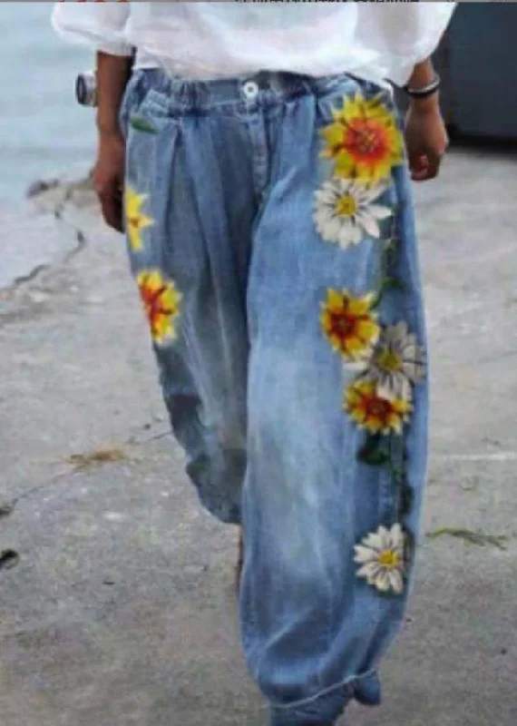 Elegant casual women's pantsBohemian Blue Oversized Sunflower Print Denim Harem Pants Summer