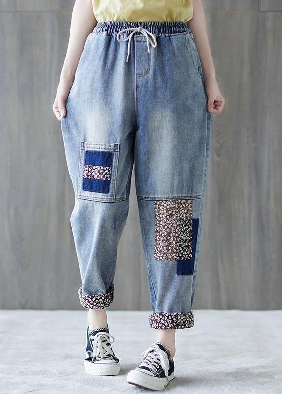 Eco-friendly women's pantsBeautiful Blue patchwork Pockets Cotton Pants Summer