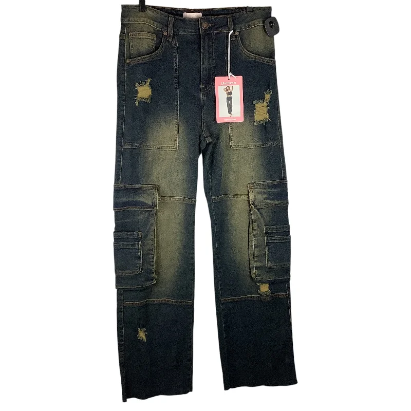 Jeans with a distressed and repaired patchwork design for character and individualityJeans Straight By Clothes Mentor In Blue Denim, Size: 12