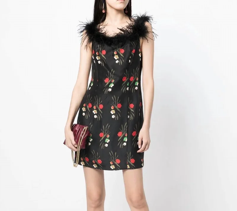 Shift dresses for womenFloral-Print Feather-Trim Mini Dress In Black