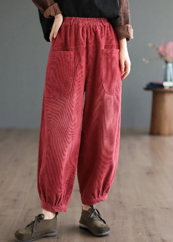 Evening gowns for womenBoutique Red Elastic Waist Oversized Pockets Corduroy Pants Fall