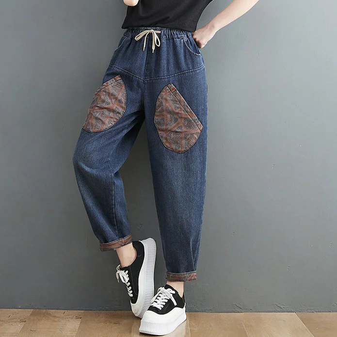 Wrap women's skirtsBoutique Blue elastic waist drawstring Pockets Patchwork Denim Pants Spring