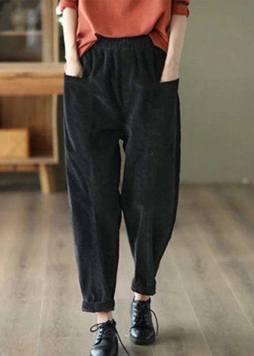 Beach-ready women's shortsCasual Black Elastic Waist Patchwork Pockets Corduroy Pants Spring