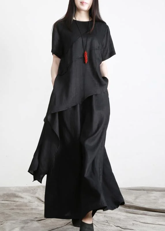 Limited edition women's dressesBlack asymmetrical Design Linen Long Shirt Wide Leg Pants Summer