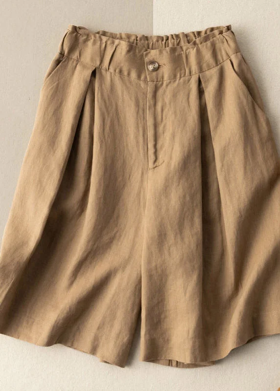 Bubble women's skirtsBoutique Khaki Pockets elastic waist zippered Linen Wide Leg Pants Summer