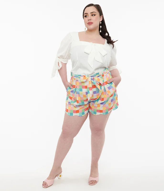 Geometric print women's pantsUnique Vintage Plus Size 1940s Rainbow Pastel Check Cotton High Waist Shorts