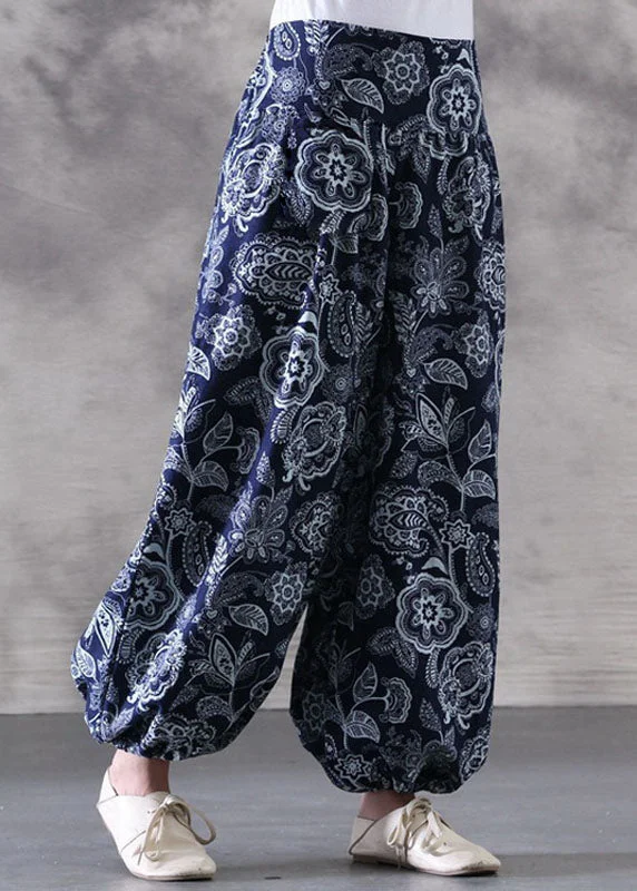 Sustainable women's bottomsBohemian Navy Print Elastic Waist Patchwork Cotton Lantern Pants Summer