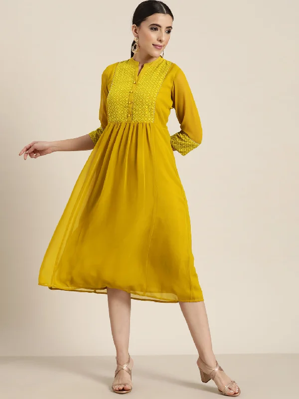 Midi dresses for womenJuniper Mustard Georgette Lacy Midi Dress With Yoke Embroidery & Show Buttons