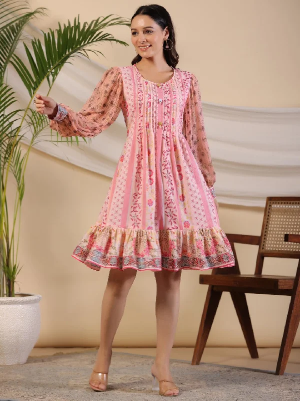 High-low hem dresses for womenJuniper Pink Wonderland Floral Printed Pure Cotton Midi Dress With Pintucks & 3D Handwork