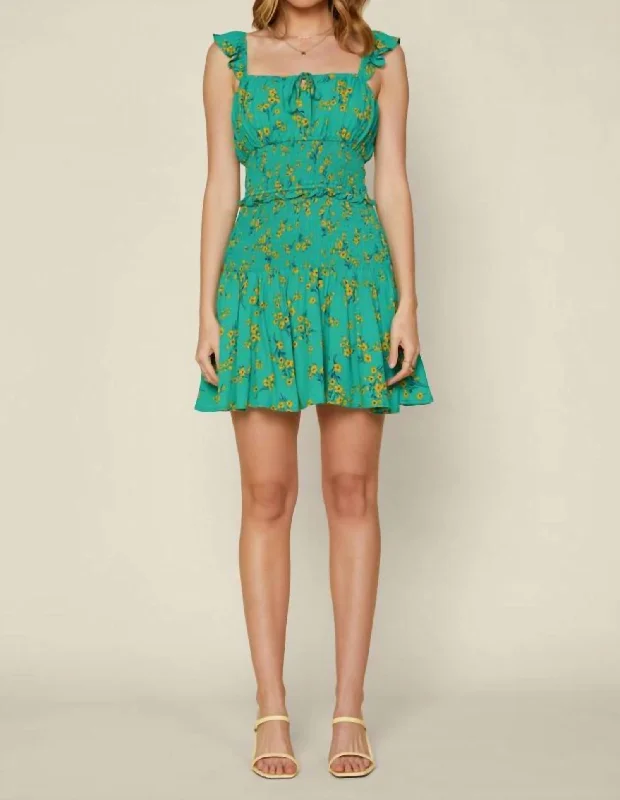 Round-neck dresses for womenFloral Smocked Mini Dress In Green/yellow