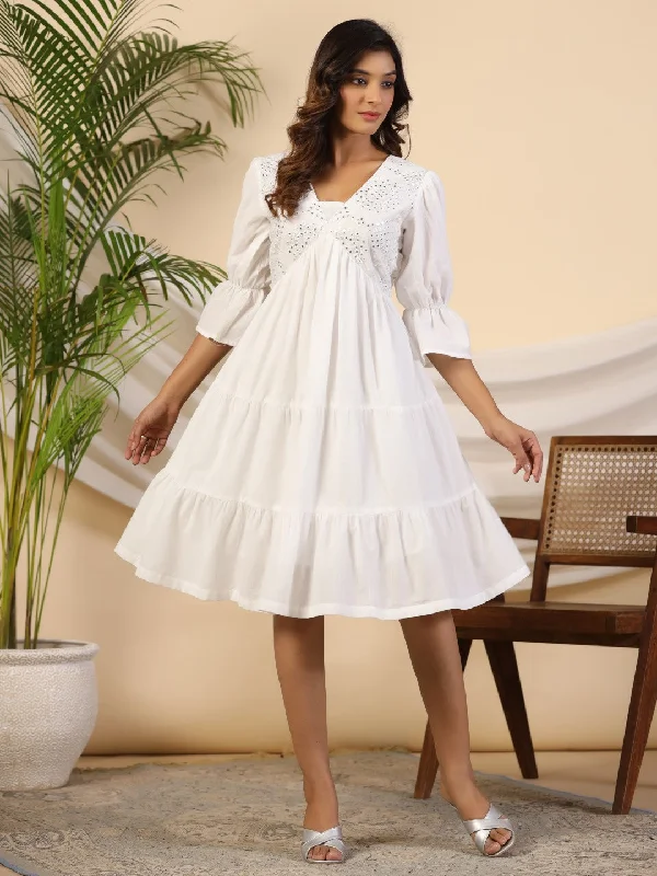 Bridesmaid dresses for womenJuniper White Pure Cotton Alia Cut Mirror Work Tiered Midi Dress With Lining