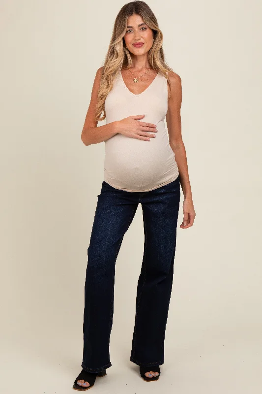 Distressed women's jeans with frayed edgesNavy Blue Basic Wide Leg Maternity Jeans