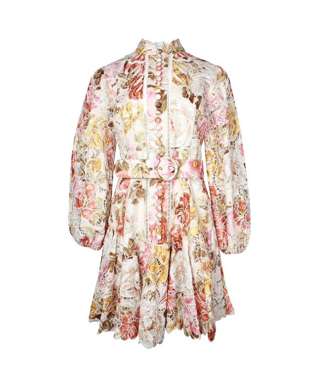 Winter dresses for cold weatherZimmermann Bonita Floral-Print Broderie Anglaise Belted Mini Dress in Multicolor Linen