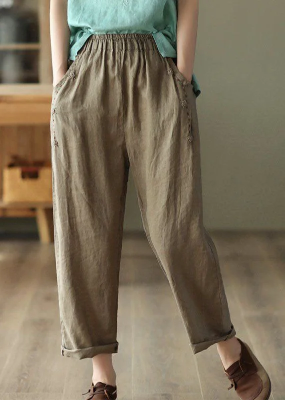 Bohemian-style women's shortsBrown Pockets High Waist Linen Pants Summer