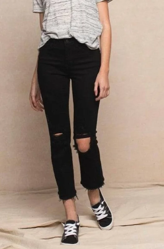 Tall jeans for longer legsStraight Leg High Rise Distressed Raw Hem Jeans In Black