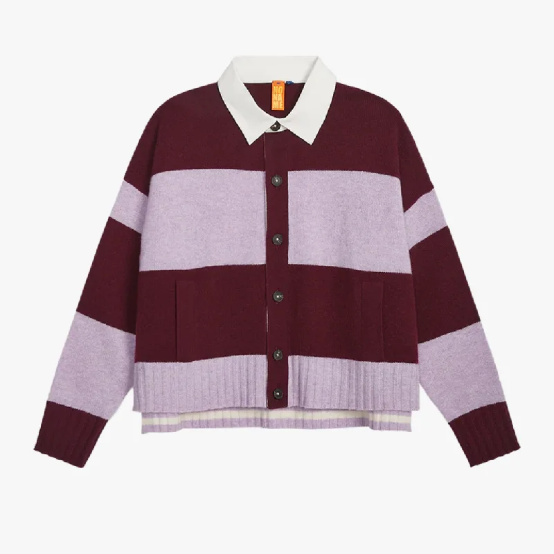 Color-block women's sweaterEveryday Rugby Cardigan (Rouge Noir + Sugar Plum)