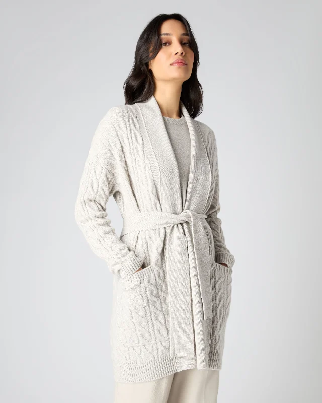 Asymmetric women's sweaterWomen's Cable Belted Cashmere Cardigan Pebble Grey