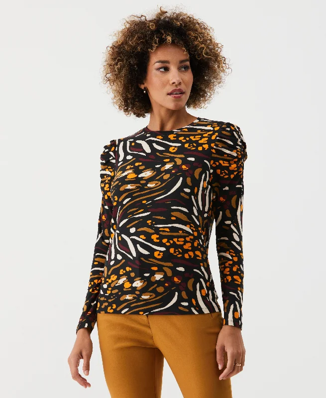 Geometric print women's topsAnimal Print Crew Neck Puff Sleeve Top