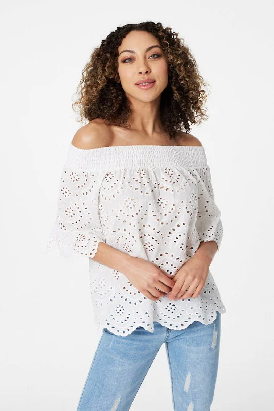 Embroidered women's topsBroderie Anglaise Bardot Blouse