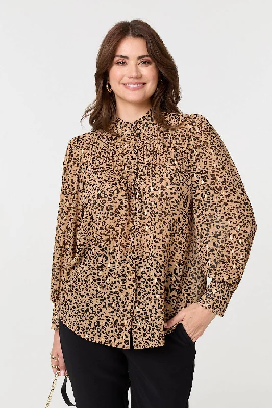 Plus-size women's topsAnimal Print High Neck Loose Fit Blouse