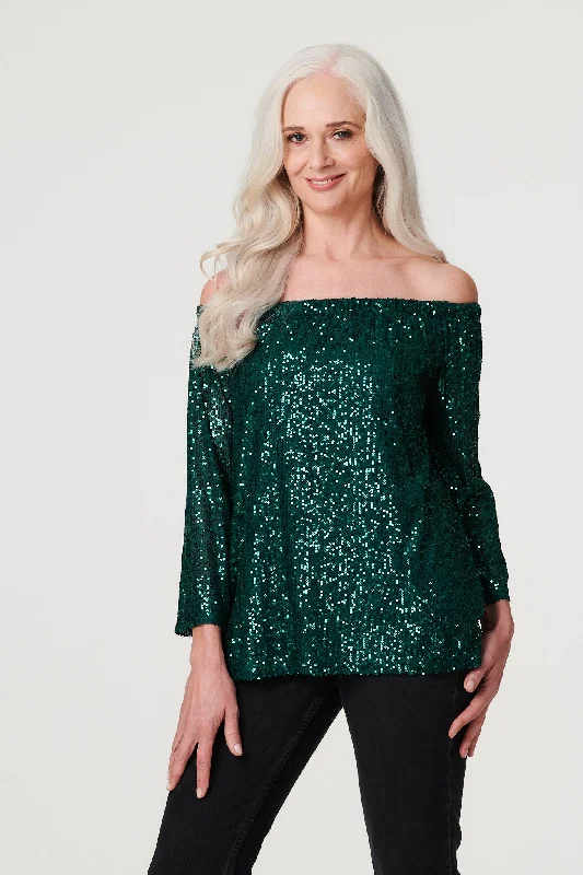 Embellished women's topsSequin Bardot 3/4 Sleeve Top