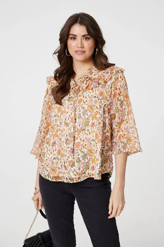 Transitional women's topsFloral Frill Detail 3/4 Sleeve Blouse