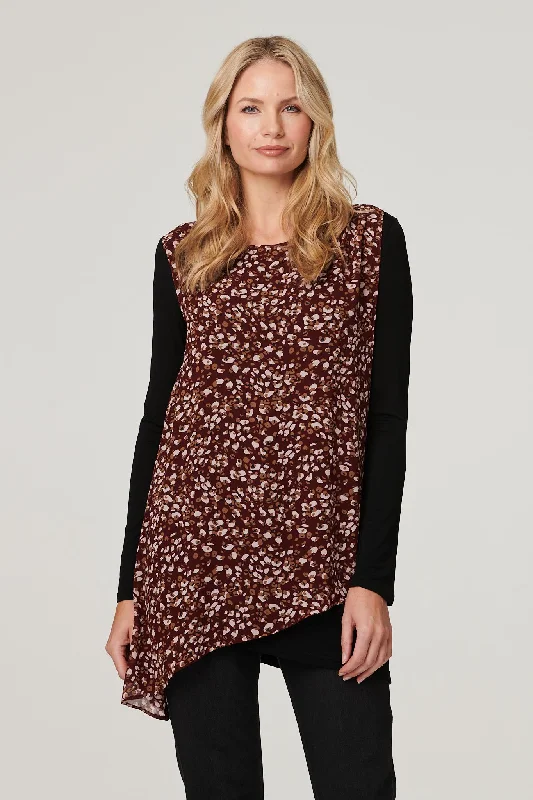 Embellished women's topsPrinted Layered Hem Blouse Top