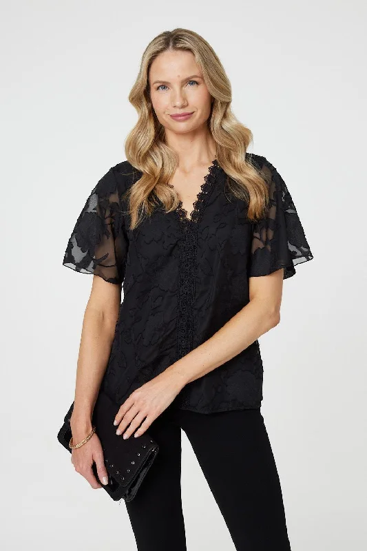 Sequined women's topsFloral Lace Detail Flared Sleeve Blouse