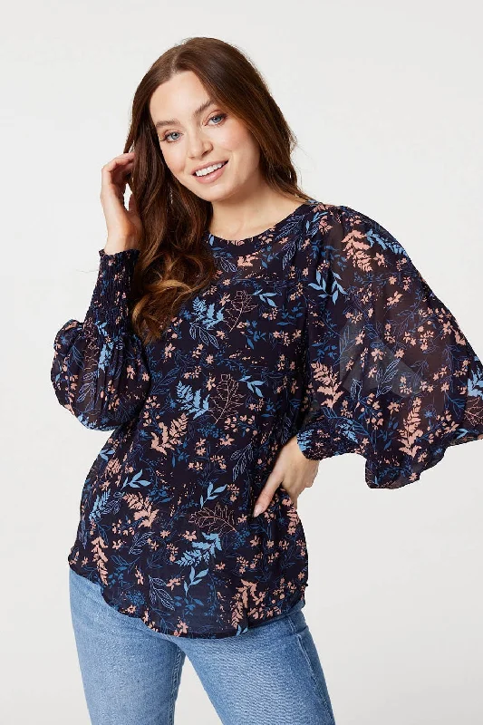 Cardigan-style women's topsLeaf Print Semi Sheer Blouse