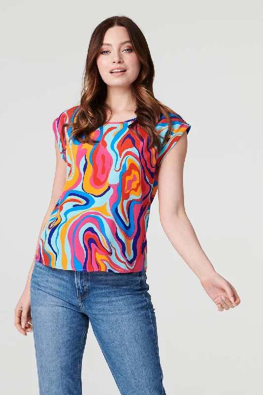 Lightweight women's topsPrinted Turn-Up Sleeve Blouse