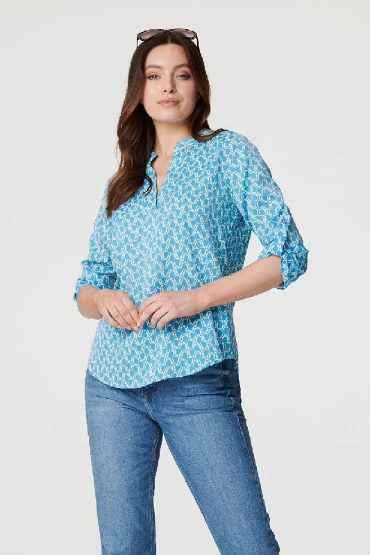 Lavender women's topsPrinted 3/4 Turn-Up Sleeve Blouse